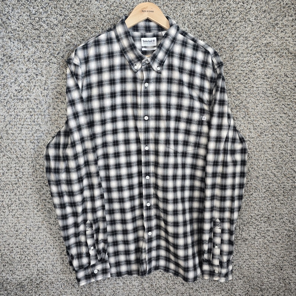 Timberland Shirt Mens XXL 2XL Black Plaid Button Down Flannel Slim Fit Casual